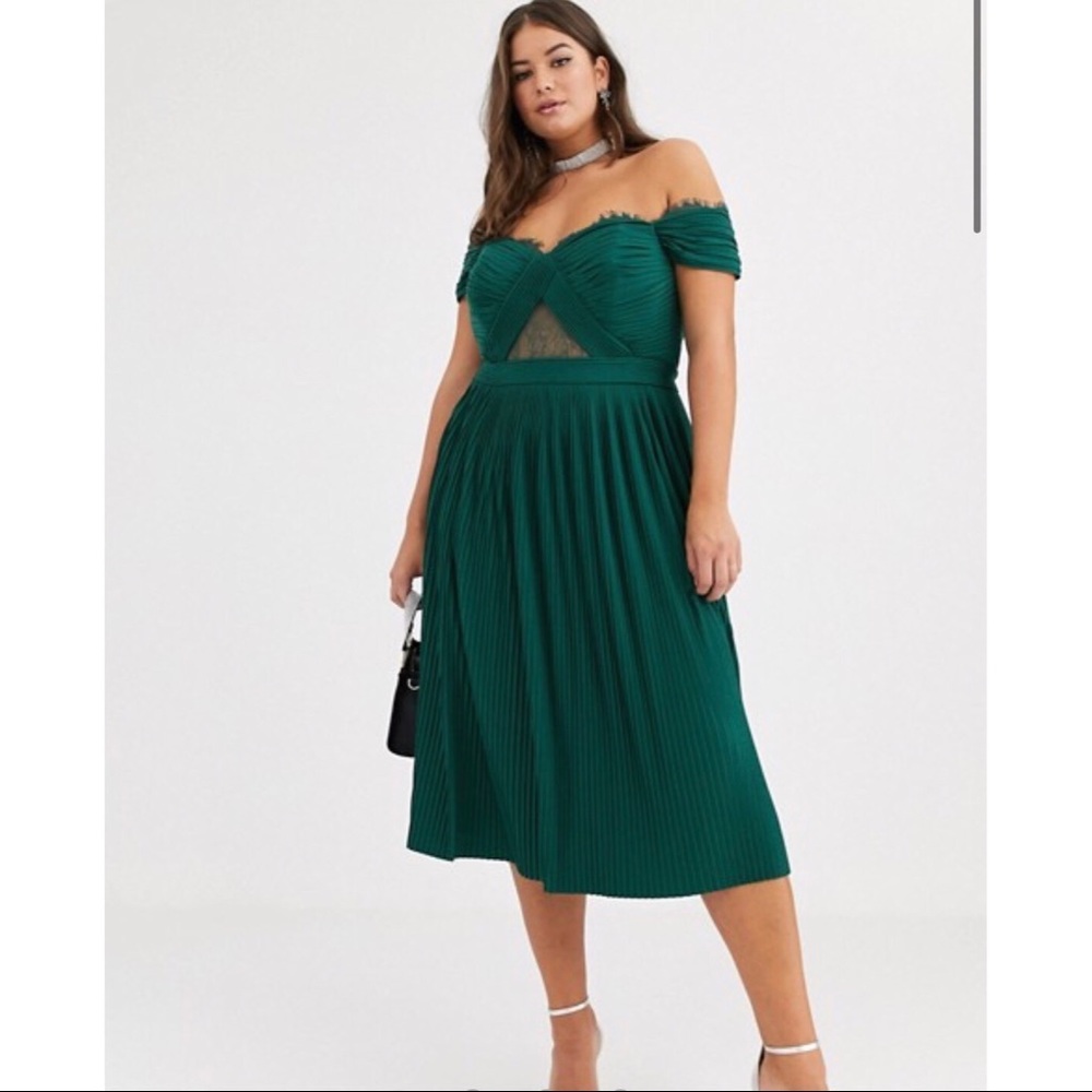 ASOS DESIGN Curve Lace & Pleat Bardot Midi Dress